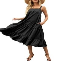 Női Midi Tank ruha, nyári ujjatlan szilárd Laza fodros többszintű strand ruha zsebekkel, S-XL