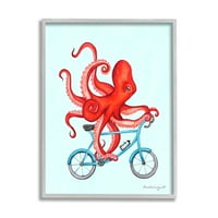 Stupell Industries Red Octopus csápok kék kerékpárkerékpár grafikán szürke keretes művészeti nyomtatási fal művészet,