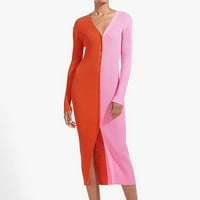 Lyinloo női divat őszi és téli Soild Hosszú ujjú v-nyakú alkalmi ruha Rózsaszín XL