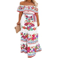 Glonme női nyári strand Sundress Off váll Maxi ruhák rövid ujjú hosszú ruha Party Hawaii Laza Virágmintás Fekete piros