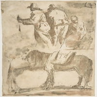 Tanulmányi lap: három ábra fent, lovakkal kapcsolatos tanulmányok poszternyomtatás alatt, Micco Spadarónak tulajdonítva