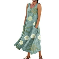 TKing Divat Női nyári Plusz méretű alkalmi nyomtatási Sundress laza ujjatlan Flowy vászon zsebek Maxi ruhák zöld 4XL