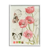 Stupell Industries Poppy Floral Field Study Color Scale Vintage Pillangók Glam festés Fehér keretes Art Print Wall