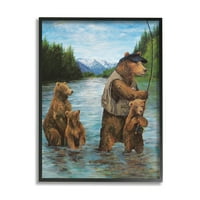 Stupell Industries Brown Grizzly Bear Family Halászat hegyi tó tájfestmények Fekete keretes művészeti nyomtatási fal