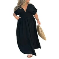 Glonme női Maxi ruhák V nyakú nyári strand Sundress egyszínű hosszú ruha Női Hawaii laza rövid ujjú fekete 2XL