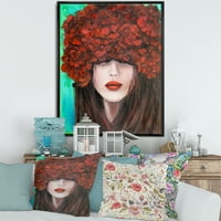 Designart 'Portré egy piros virággal rendelkező fiatal hölgy' Modern keretes vászon fali művészet nyomtatás