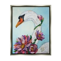 Stupell Industries Swan Bird Vivid Lotus virágvirág kollázs festés csillogó szürke úszó keretes vászon nyomtatott fali