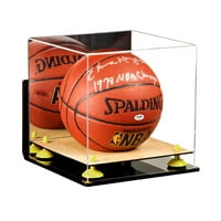 Deluxe akril teljes méretű kosárlabda vitrin tükörrel, falra szerelhető, sárga felszállók és fa alap