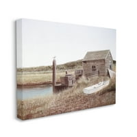 Stupell Industries vidéki tengerparti kabin sirály ülő kenu csónakfestés galéria csomagolt vászon nyomtatott fali művészet,