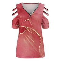 Bazyrey Női blúz női divat alkalmi V-nyakú cipzár nyomtatott Off-váll rövid ujjú póló felső Piros S