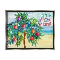 Stupell Industries Merry Beachy karácsonyi ünnep Palm Graphic Art csillogás szürke úszó keretes vászon nyomtatás Wall
